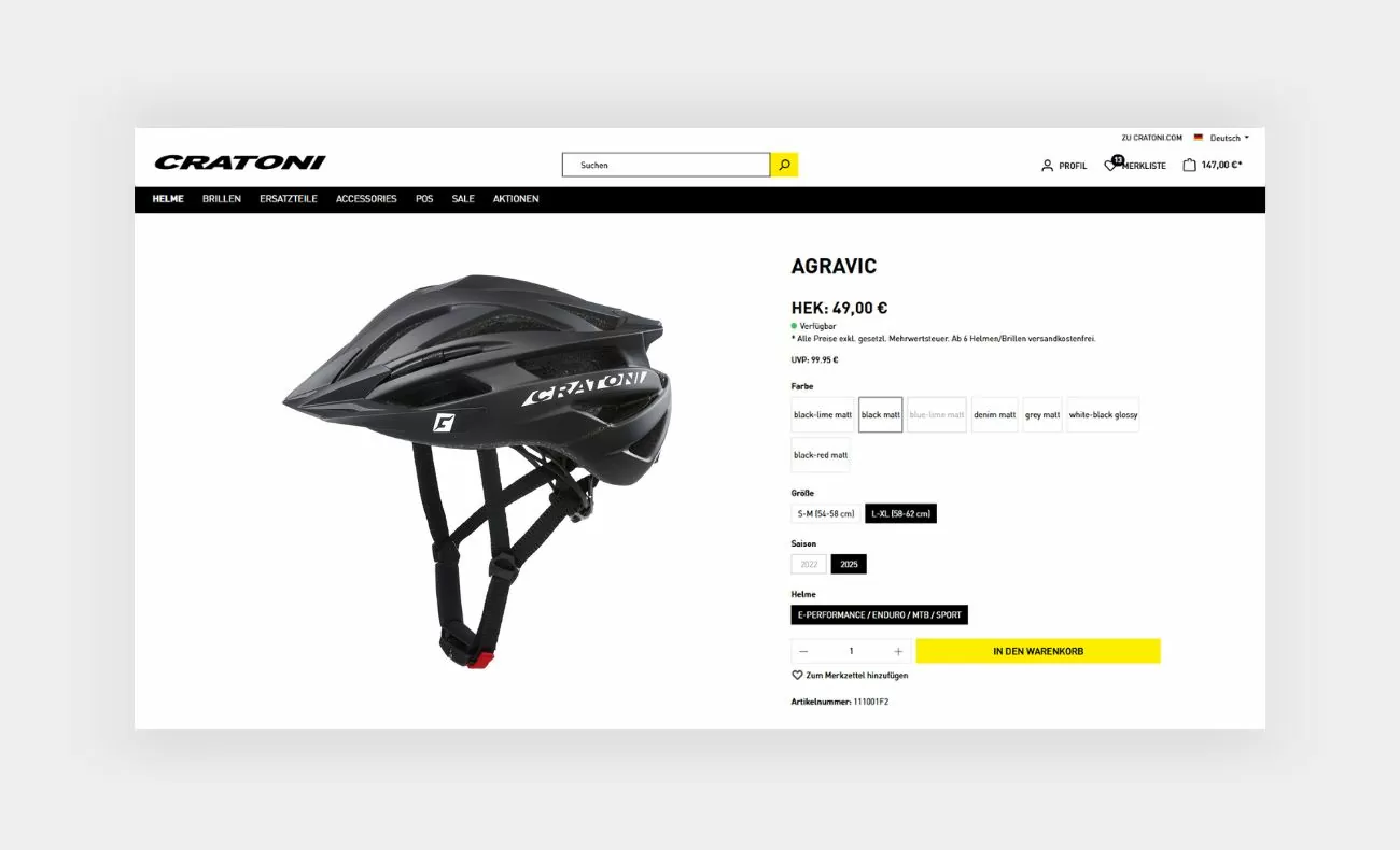 cratoni-produktuebersicht Filtermöglichkeiten im Produktlisting