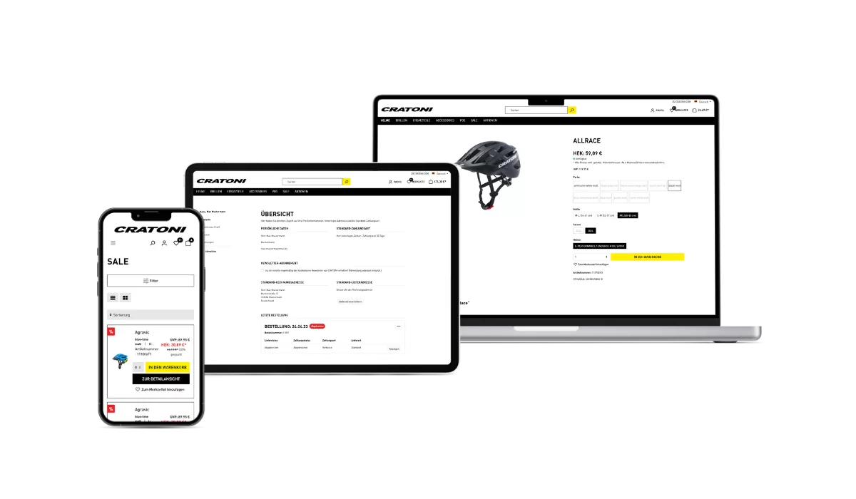 Cratoni Mockup mit Sale, Kontoübersicht und Produktdetailseite Online-Shop von Cratoni abgebildet auf dem Desktop, Tablet und Smartphone
