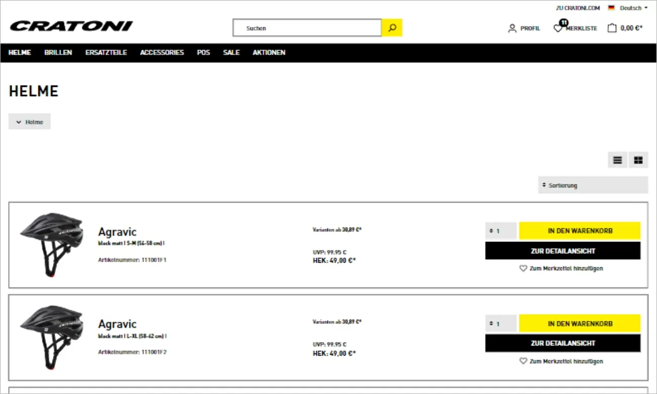 Umschaltbare Produktansicht für besseres Nutzererlebnis Produktlisting des Cratonie-Online-Shops
