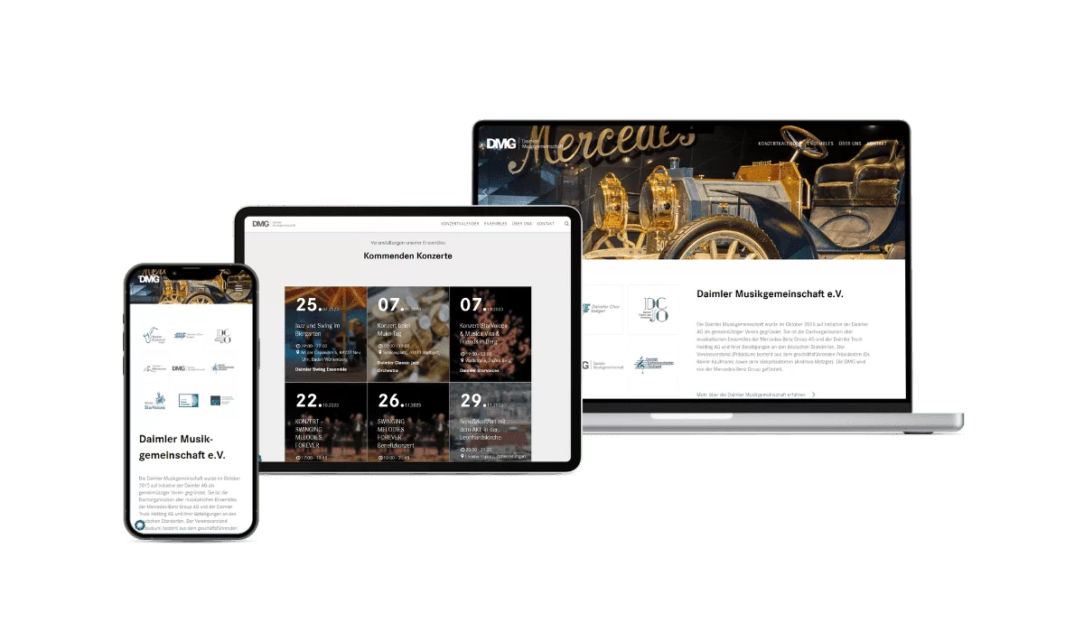 Daimler Musikgemeinschaft Startseite Darstellung der Startseite auf unterschiedlichen Geräten. Auf dem iPhone und dem MacBook wird die Landingpage mit Bild und einer kurzen Erklärung des Vereins angezeigt. In dem Tablet zeigt der Screenshot eine Kachel-Darstellung der kommenden Konzerte