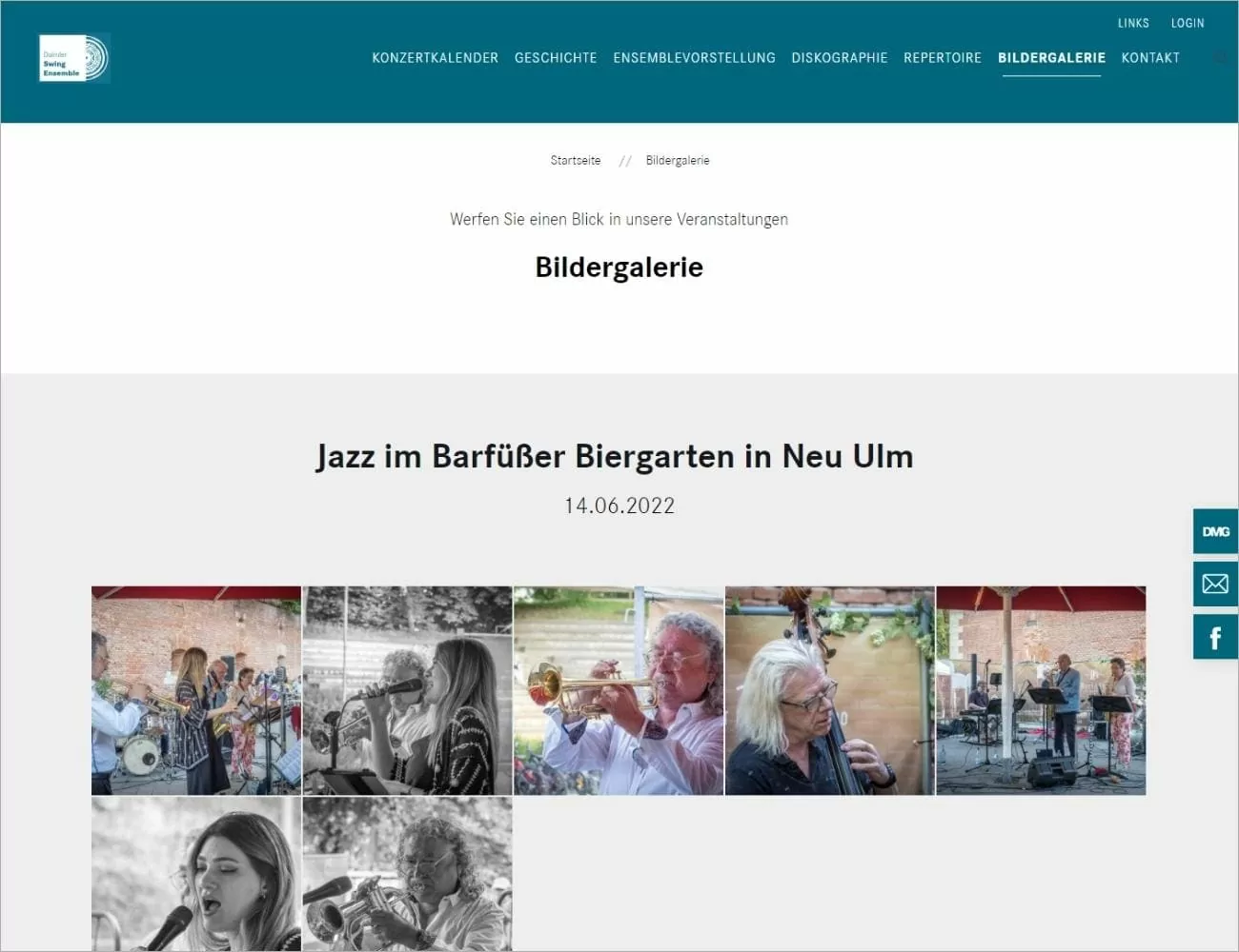 Individuelle Organisation der Ensembles mit gelungener Usability zeigen sich im Mitgliederbereich der Ensembles. Man sieht die Bildergalerie des Swing Ensembles mit dem letzte Auftritt des Ensembles namens