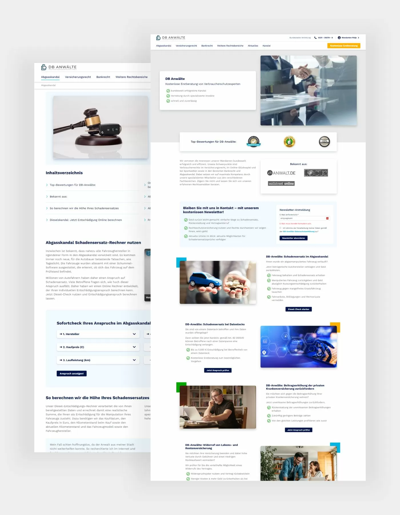 Collage der DB Anwälte Seite Referenz in Hochkant mit der Startseite und der Rentenversicherung auf der Webseite von DB-Anwälte
