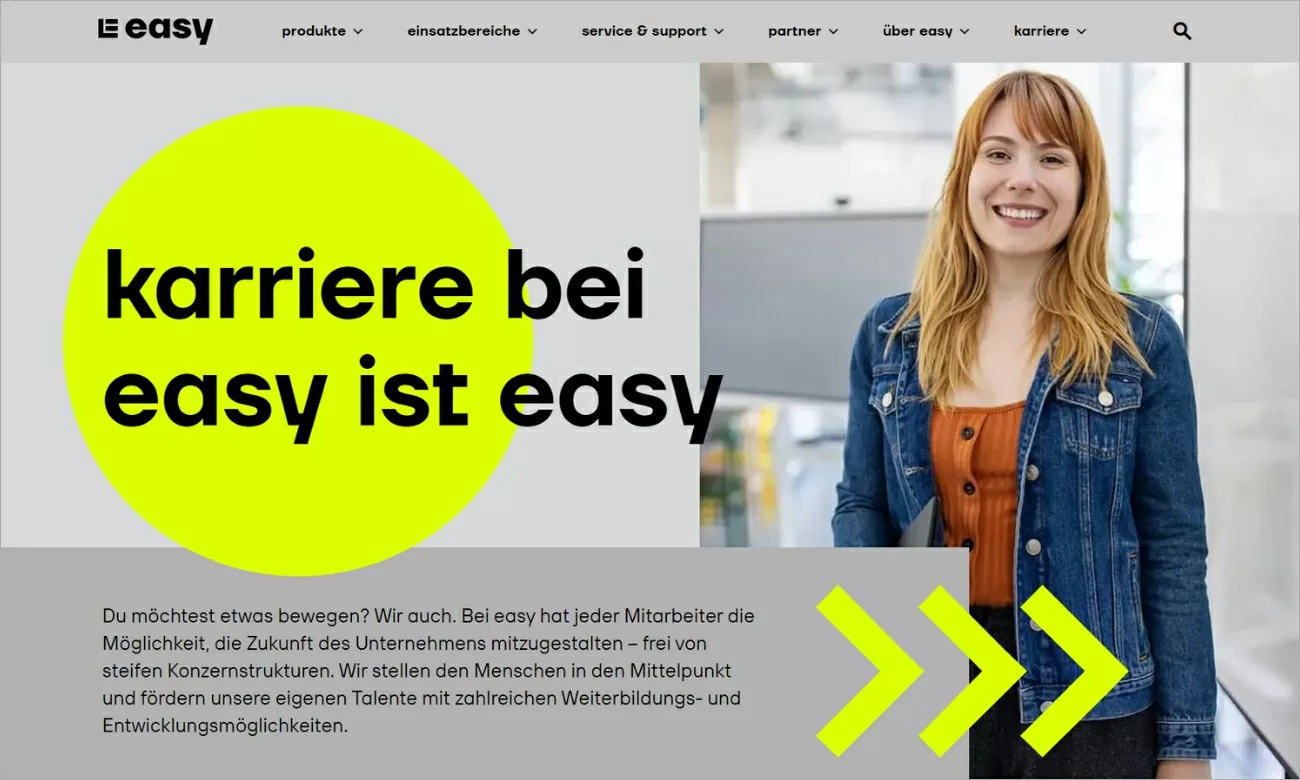 Easy-Software Emotionalisierung Karriereseite von Easy-Software mit einer Überschrift, kurzem Infotext und einer freundlichen Person