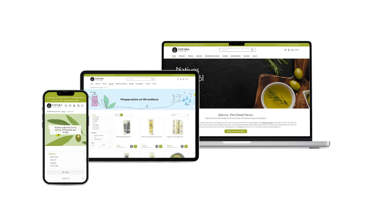 Edesma Startseite Referenz des Edesma Online-Shops auf verschiedenen Endgeräten. Auf dem Macbook die Startseite, auf dem iPad die Kategorieseite Kosmetik und auf dem iPhone die Olivenöle-Seite