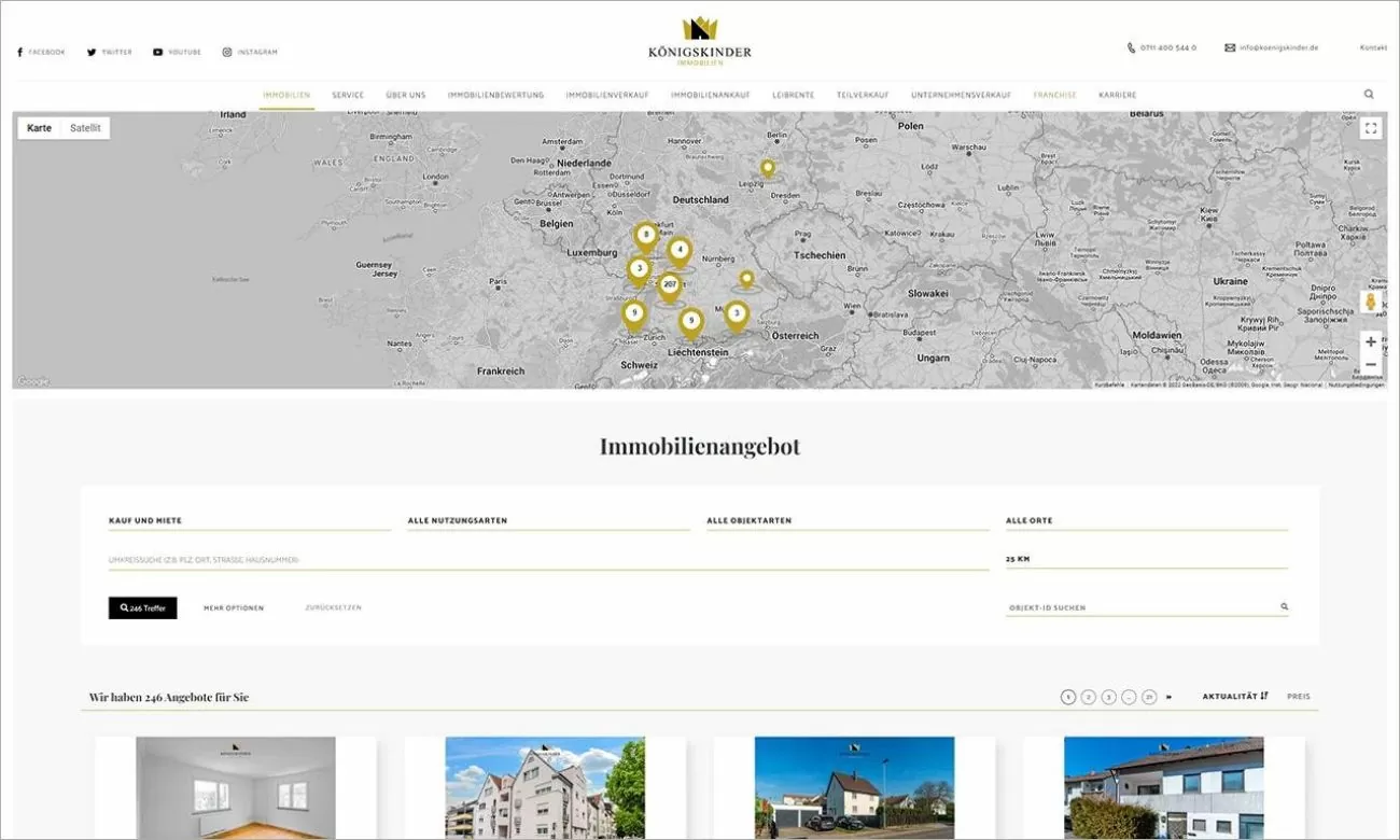 Immobilienportal Königskinder ALle Immobilien von Königskinder aufgelistet untereinander mit interaktiver Google Maps Karte als Header