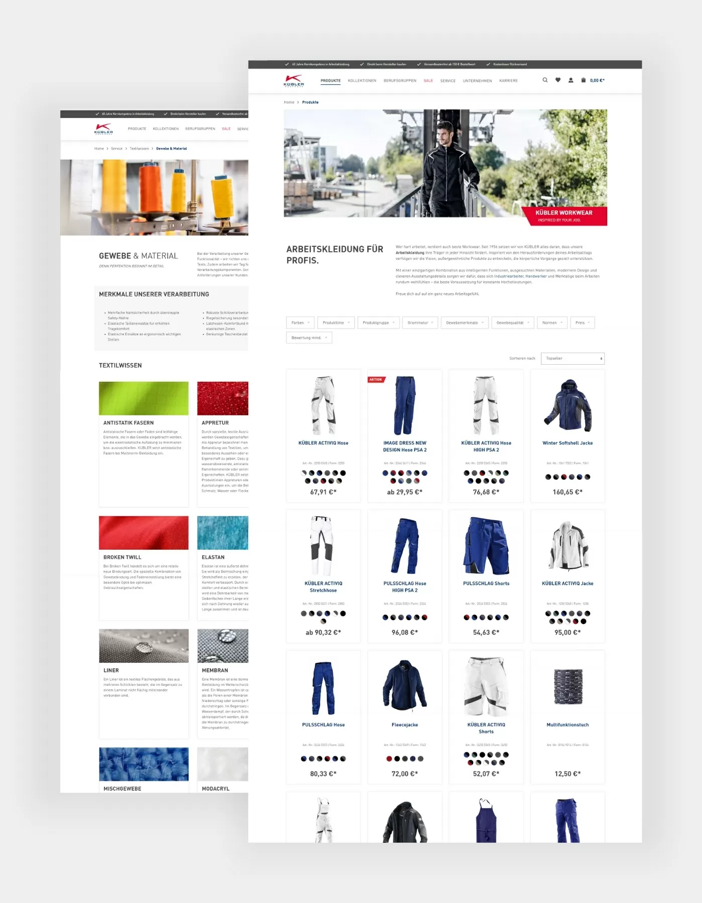 Listing und Inhaltsseiten von Kübler Workwear Abbildung von Kategorie- und Inhaltsseiten von Kübler Workwear