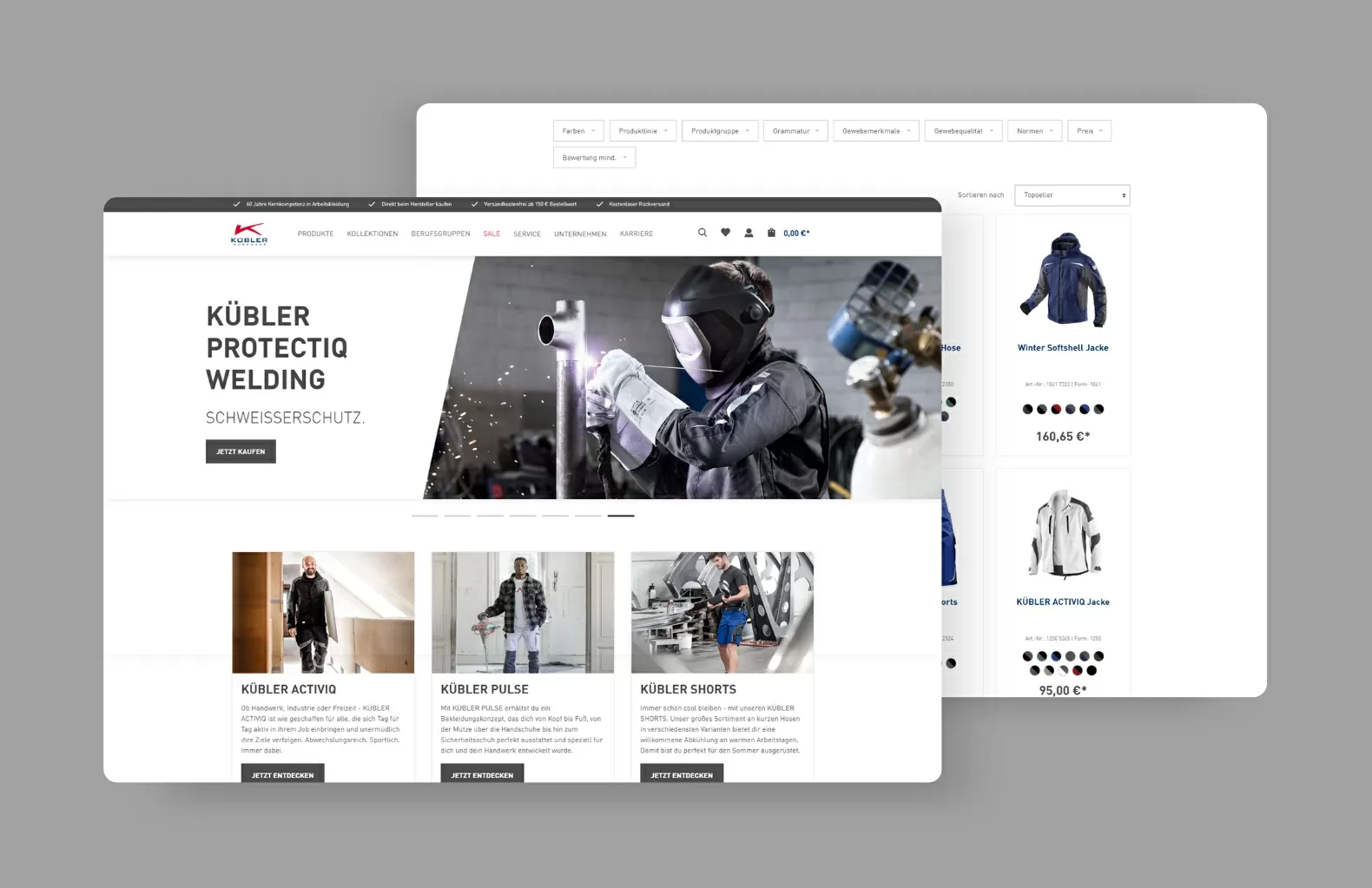Einblick Startseite und Listing vom E-Commerce Kübler Workwear