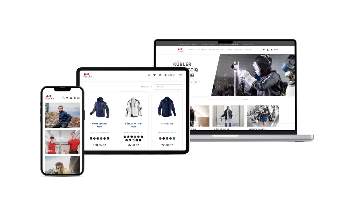 Kübler Workwear Online-Shop auf verschiedenen Endgeräten Darstellung des Online-Shops von Kübler Workwear