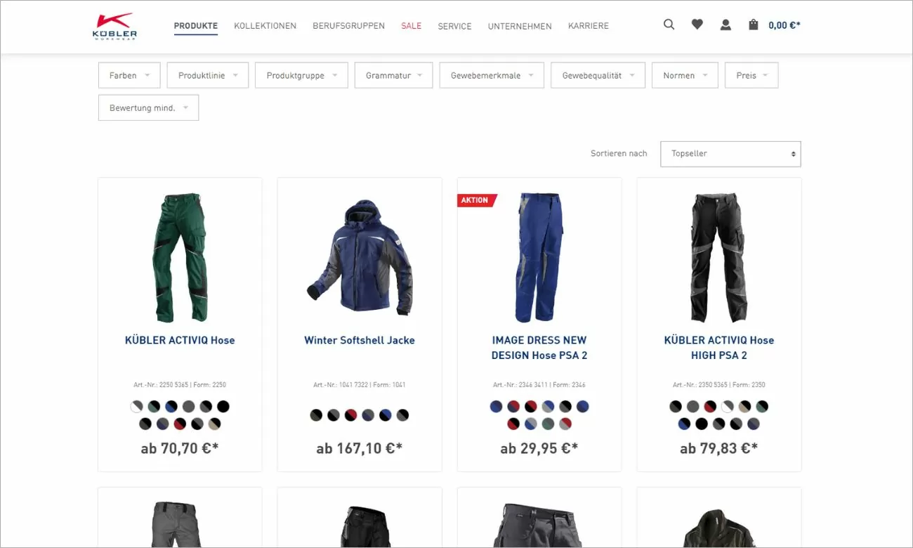 Kübler Workwear Kategorie-Listing Ein Highlight des Online-Shops Kübler Workwear: das Listing