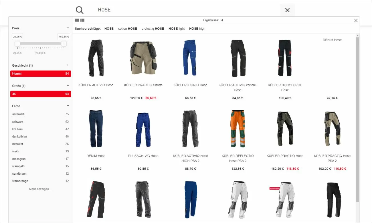 Highlight Kübler Workwear Suchmaske Ein Highlight des Online-Shops Kübler Workwear: die Suchmaske