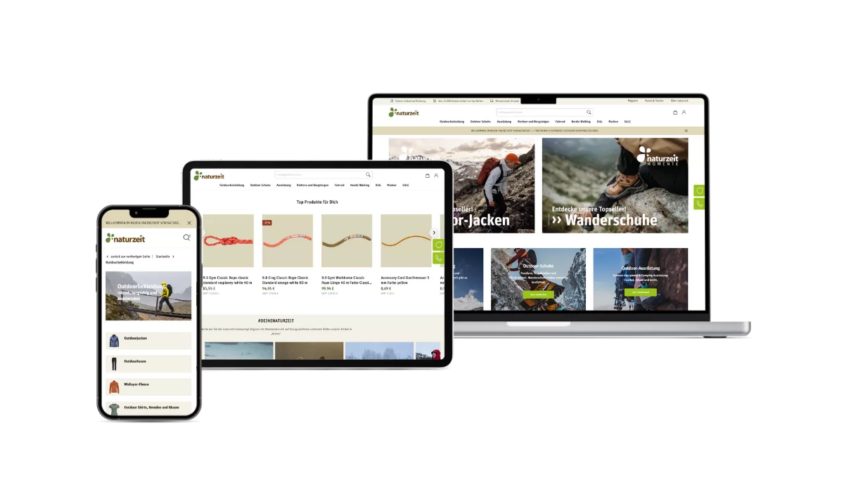 Mockup mit unterschiedlichen Geräten von Naturzeit. Auf dem MacBook und dem iPad sind Teile der Startseite. Auf dem Smartphone ist eine Kategorieseite abgebildet.