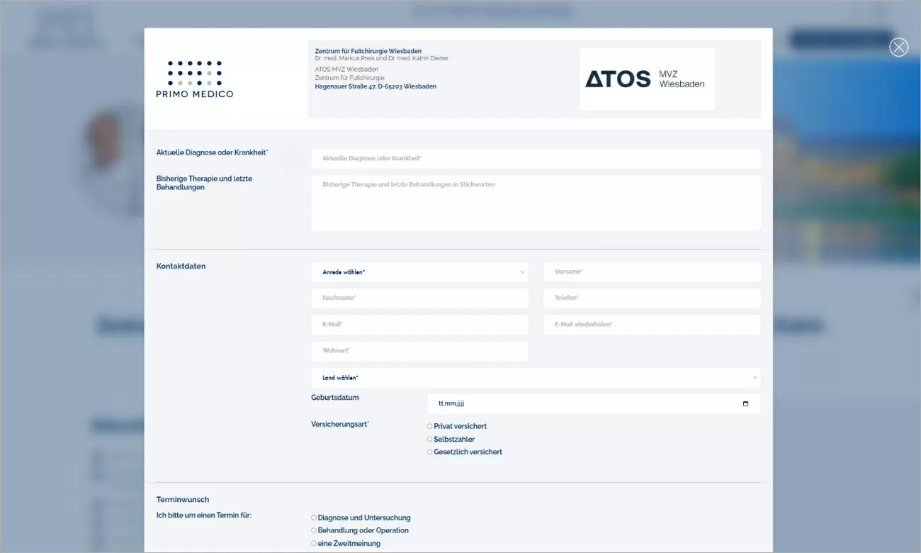 Primo Medico Kontaktformular Kontaktformular um einen Termin bei einem Arzt anzufragen auf der Webseite von Primo Medico
