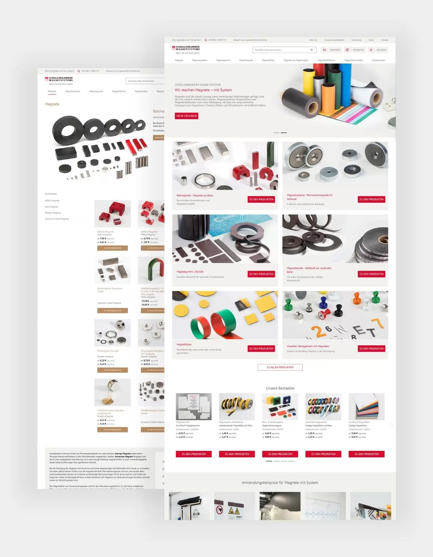 Schallenkammer Startseite und Produktdetailseite Magnete Hochkante Screenshots von der Startseite mit der Übersicht über das Angebot und der Produktdetailseite Magnete mit den jeweiligen Produkten der Kategorie von dem Shop Schallenkammer