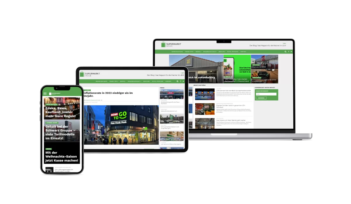 Supermarkt Inside Startseite und News Darstellung der Webseite von Supermarkt-Inside auf unterschiedlichen Geräten. Auf dem MacBook ist die Startseite zu sehen. Auf dem iPad ein Artikel und auf dem iPhone ist eine Übersicht über mehrere Artikel zu sehen.