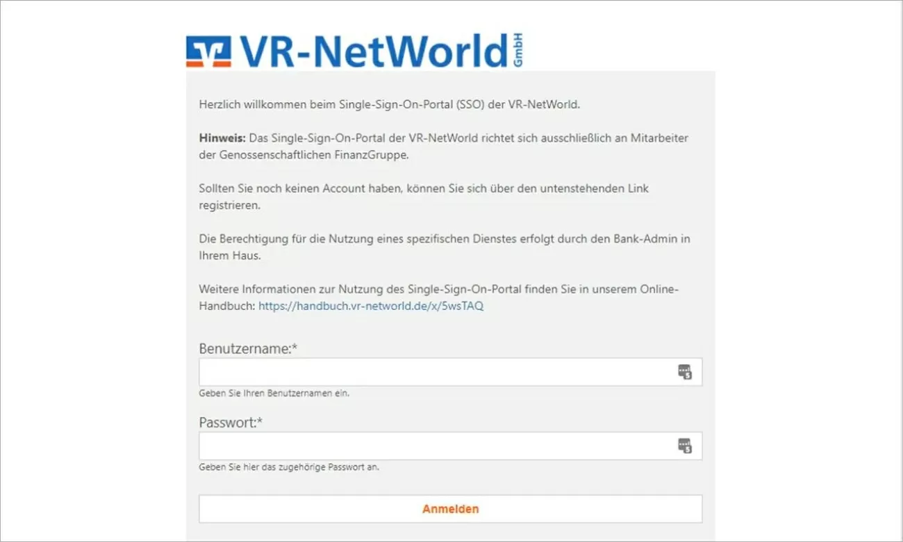 VR-Networld Log-In VR-NetWorld Login - Eingebefeld für Benutzername und Passwort