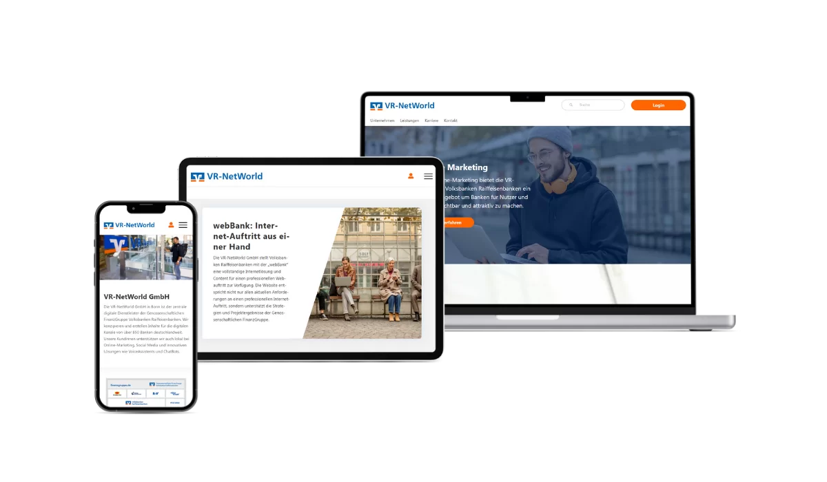 VR-NetWorld - Startseite, Webbank, Unternehmen Der Laptop zeigt die Startseite, das Tablet zeigt die WebBank und das Handy das Unternehmen.