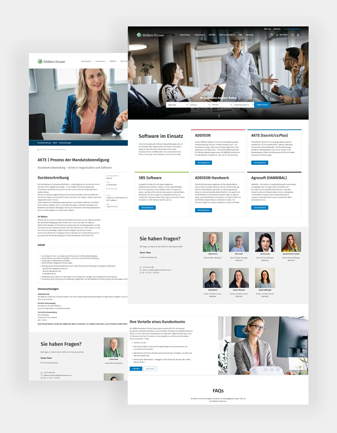 Wolters Kluwer Startseite & Akte Screenshot der Seiten Akte & Startseite mit Kategorie-Übersicht & Ansprechpartner