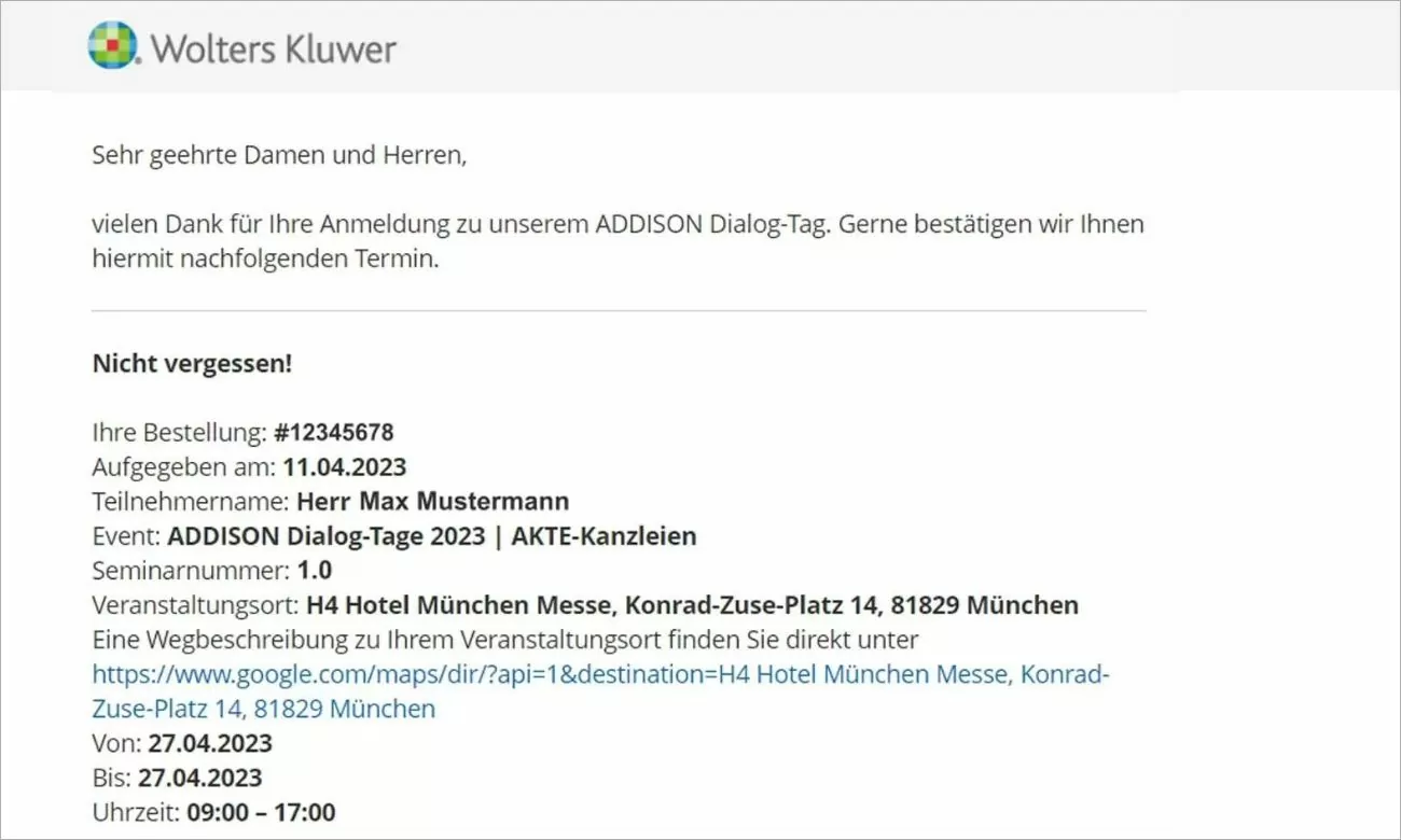 Wolters Kluwer Buchungsbestätigung Wolters Kluwer Buchungsbestätigung