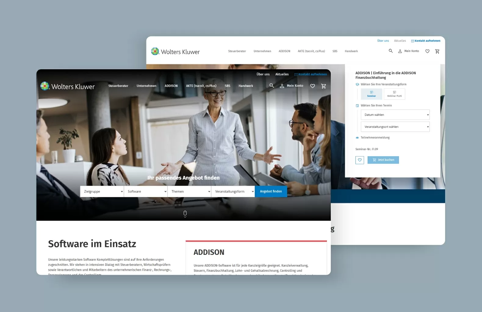 Screenshot der Wolters Kluwer Startseite sowie der Webinare mit Filterfunktion.