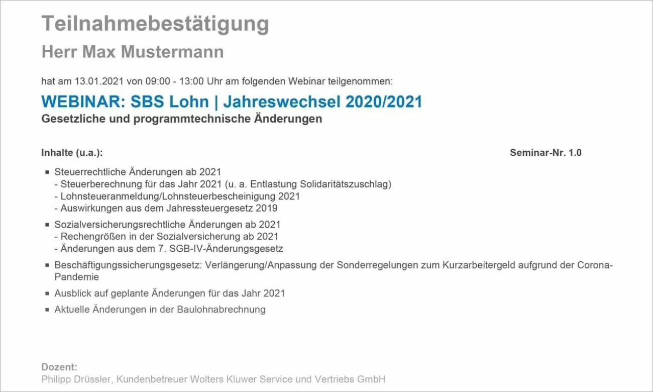 Wolters Kluwer Teilnahmezertifikat Wolters Kluwer Teilnahmezertifikat