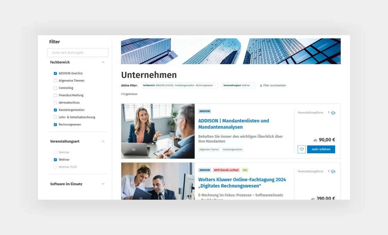 Wolters Kluwer Unternehmen Ein Screenshot der Unternehmensseite mit den verfügbaren Webinaren/Seminaren und einer Filterfunktion in der linken Sidebar.