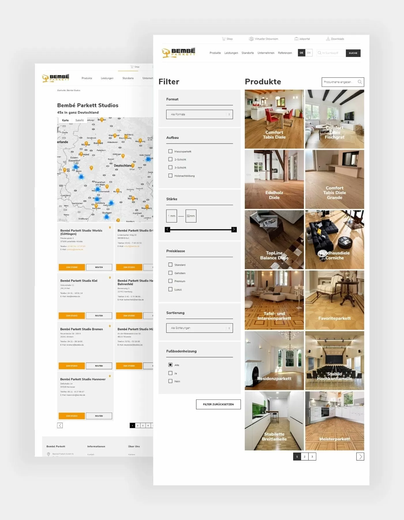 Übersicht der Bembé Studios & Produkte mit Filtermöglichkeiten Screenshot der Produktübersichtsseite von Bembé mit Filtern und Produkten mit ansprechenden Bildern, daneben eine Übersicht der Standorte der Bembé Parkett Studios in Deutschland