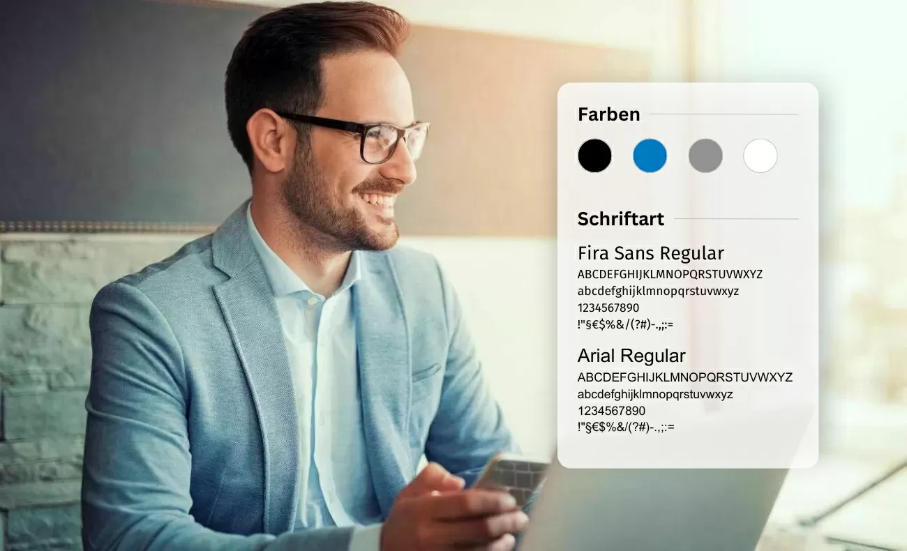 Styleguide von Wolters Kluwer Wolters Kluwer Styleguide mit Farben blau, orange, weiß und schwarz, und Schriftarten Open Sans Regular und Arial Regular, daneben ein Mann mit Brille in Anzug vor seinem Laptop