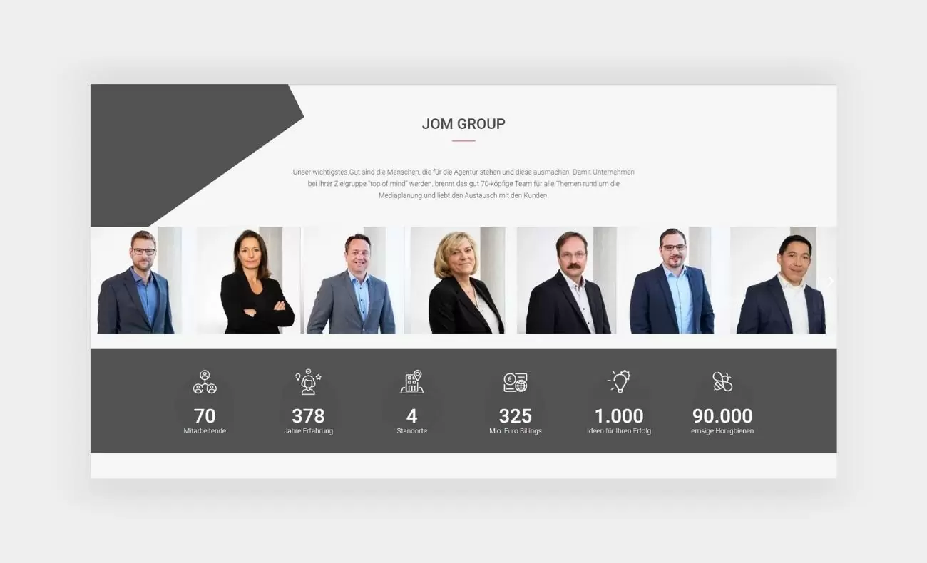 Jom Group Team Screenshot der Teamsektion auf der Startseite der JOM Group