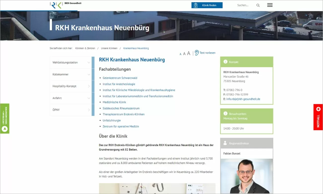 Kompakte & informative Klinikseite des RKH Krankenhaus Neuenbürg Screenshot einer kompakten Klinikseite, die über das RKH Krankenhaus Neuenbürg informiert mit Fachabteilungen, Über die Klinik und Menüpunkten Privatstation, Kältekammer, Hospitality-Konzept, Anfahrt & ÖPNV, auf der linken Seite kann man die Klinik direkt kontaktieren und sieht Adresse, Telefonnummer, E-Mail-Adresse und Besuchszeiten plus Regionaldirektor