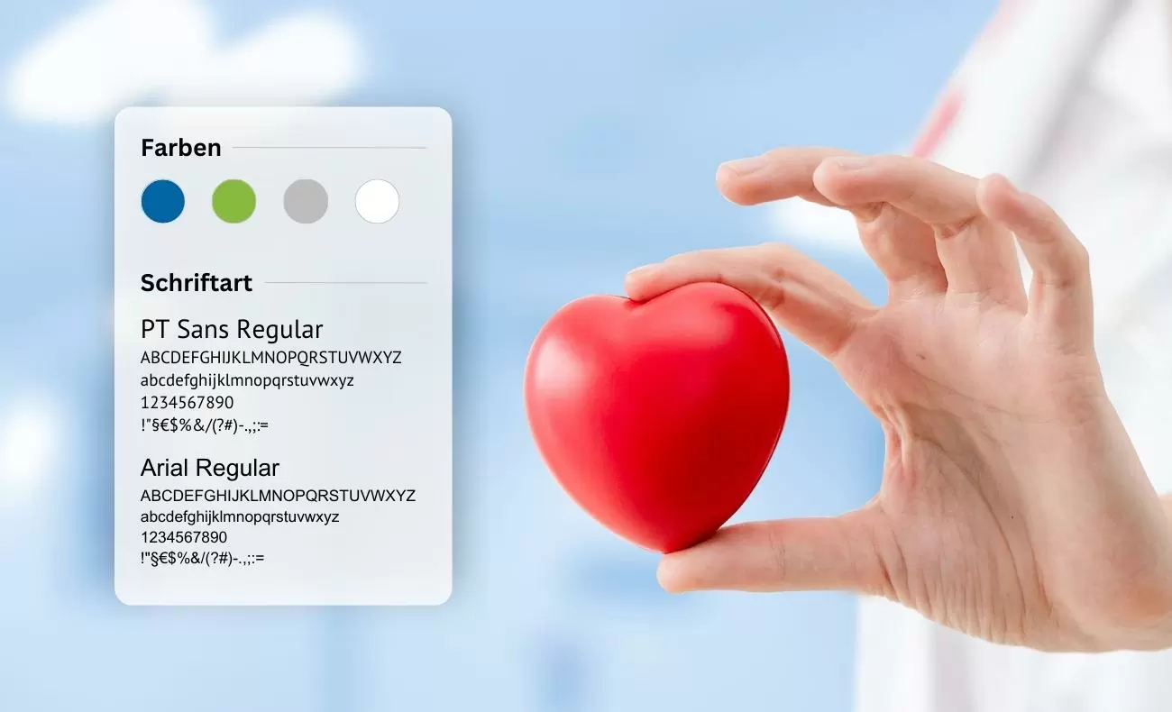 Styleguide der RKH-Kliniken RKH-Kliniken Styleguide mit Farben blau, hellgrün, weiß und hellgrau, und Schriftarten PT Sans Regular und Arial Regular, daneben die Hand eines Arztes, der ein rotes Herz hält