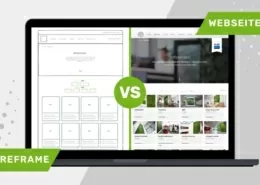 Ein Macbook, dass links ein Wireframe von artaqua enthält und rechts die fertige Webseite