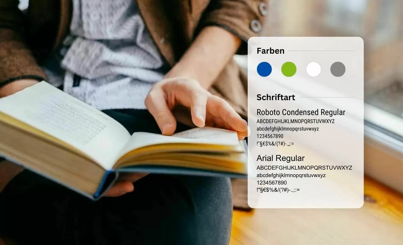 Berberich Styleguide Styleguide von dem Berberich Online-Shop mit verwendeten Farben und Schriftarten. Im Hintergrund sieht man ein aufgeschlagenes Buch mit einem Menschen