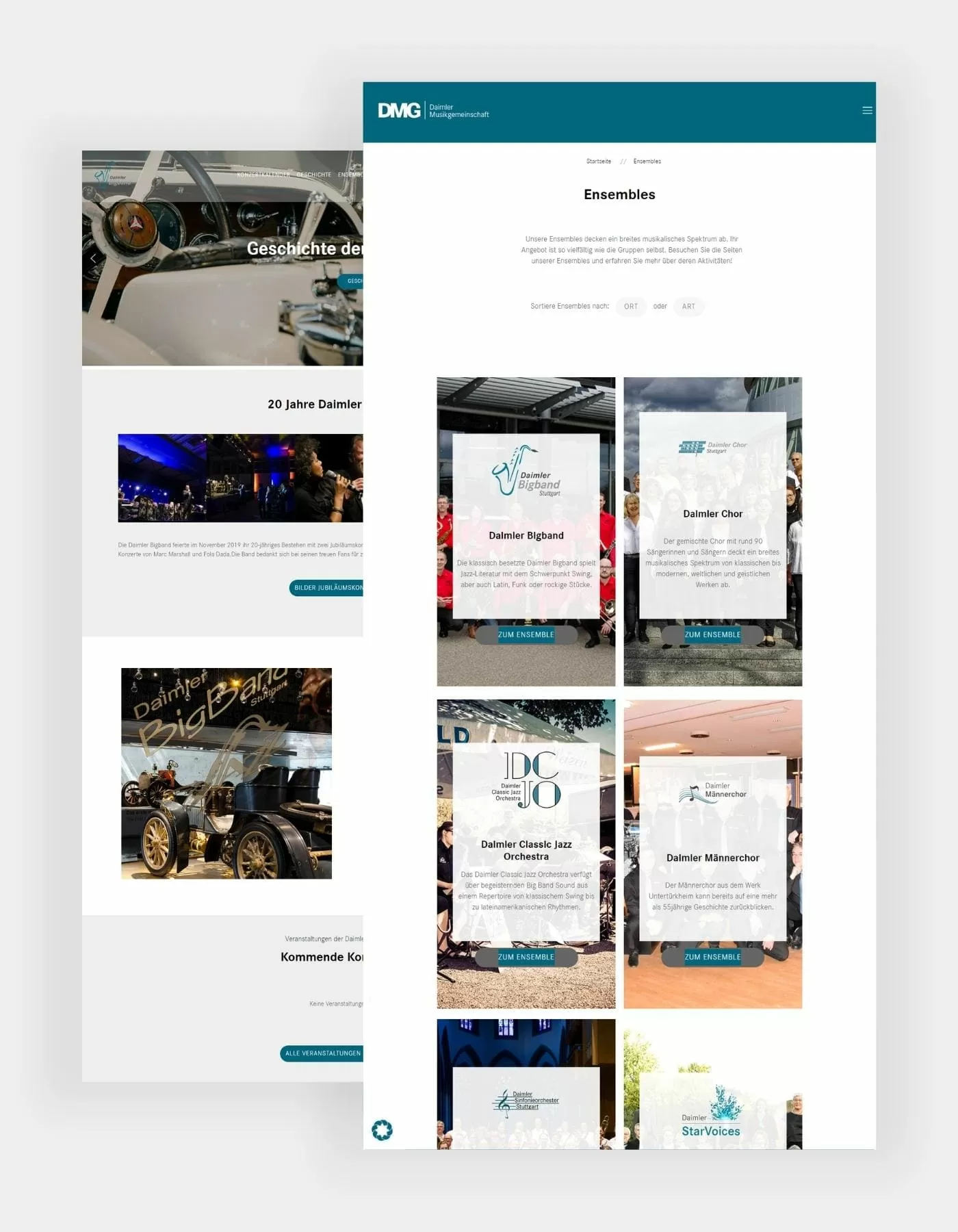 Daimler Musikgemeinschaft mit Ensembles- und Bigband-Seite Hochkante Referenz der Seiten Ensembles mit der Darstellung aller Ensembles und die Seite der Informationen zur Bigband