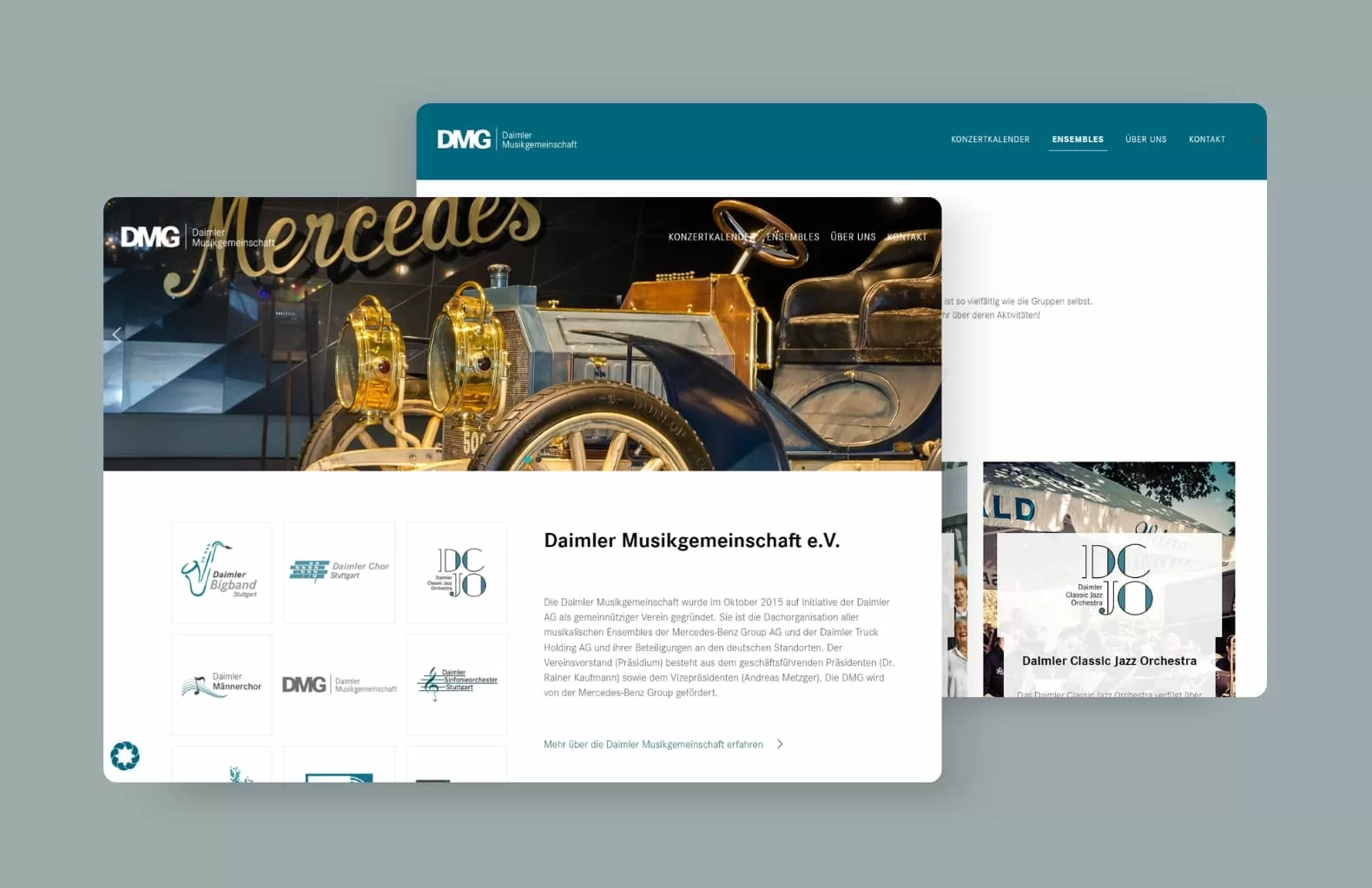 Daimler Musikgemeinschaft Startseite und Ensembles Referenz Teaser mit der Startseite und der Ensembles Unterseite des gemeinnützigen Vereins Daimler-Musikgesellschaft