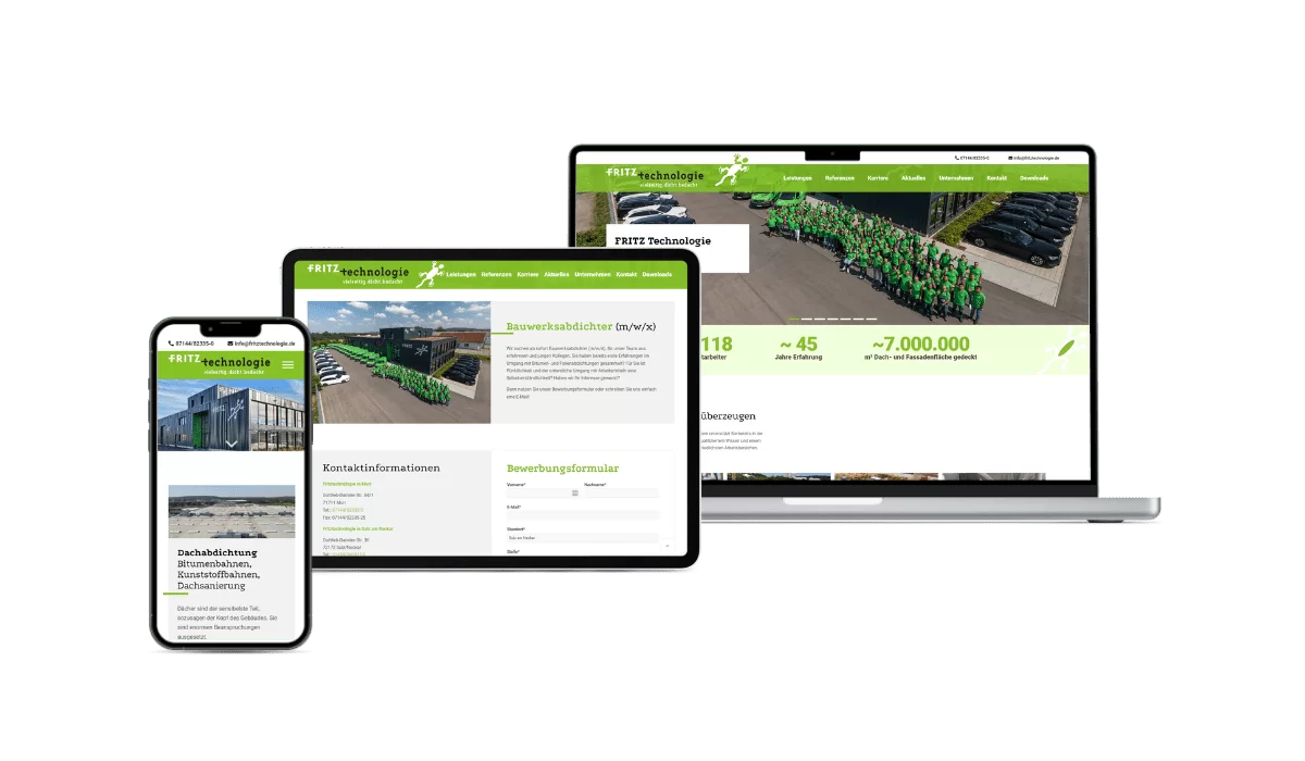 Fritz-Technologie Leistungen, Bewerbungsformular und Startseite Darstellung Referenz von Fritz-Technologie auf verschiedenen Geräten. Auf dem iPhone sind die Leistungen, auf dem iPad der Karrierebereich mit dem Bewerbungsformular und auf dem Macbook die Startseite.