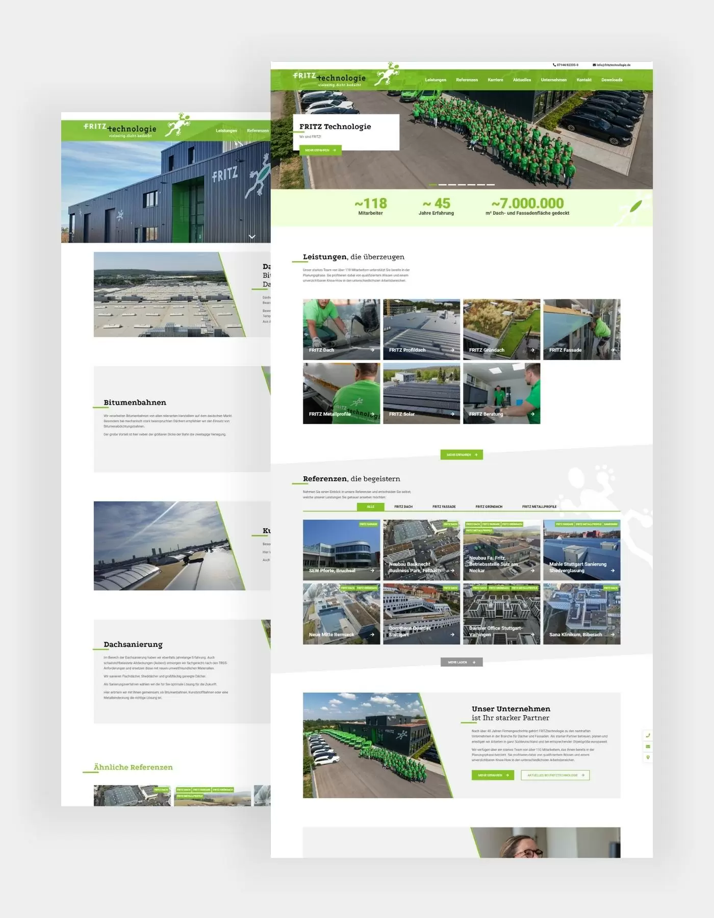 Fritz-Technologie Startseite und Leistungen Hochkante Darstellung der Startseite mit Teaser der Leistungen, Referenzen und Fritz-Technologie als Partner. Ein weiterer Screenshot der Leistungen die das Unternehmen anbieten, unter anderem Dachabdichtung, Bitumenbahnen, Kunststoffbahnen oder Dachsanierung.