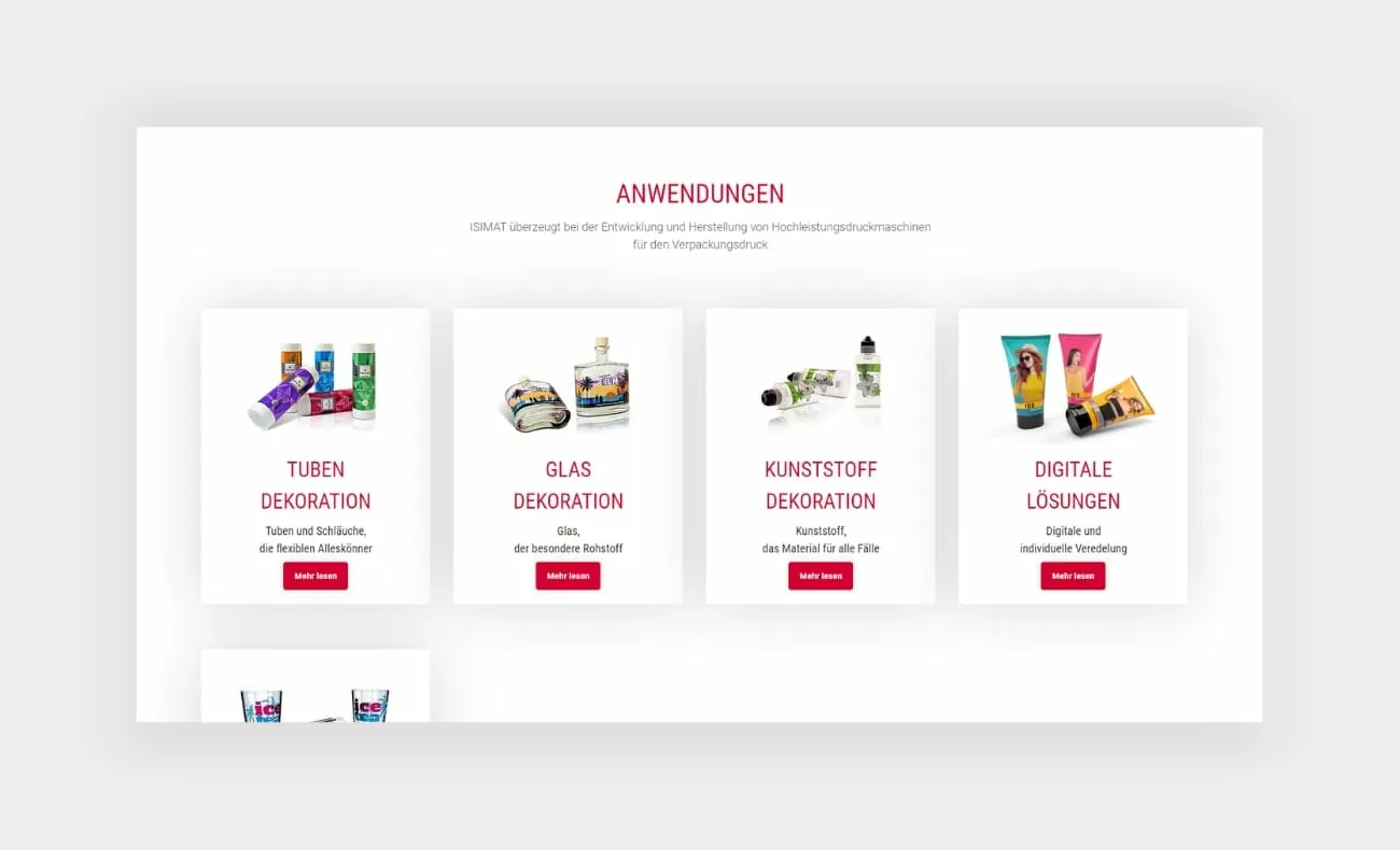 Isimat Anwendungen Screenshot der Anwendungen Tuben Dekoration, Glas Deskoration, Kunststoff Dekoration und digitale Lösungen der Isimat Webseite