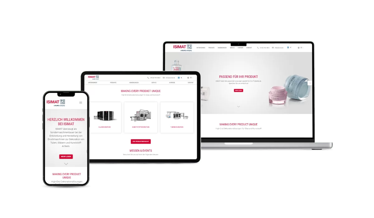 Isimat Darstellung der Inhalte auf der Startseite Referenz mit unterschiedlicher Darstellung der Startseite auf den Geräten iPhone, iPad und MacBook