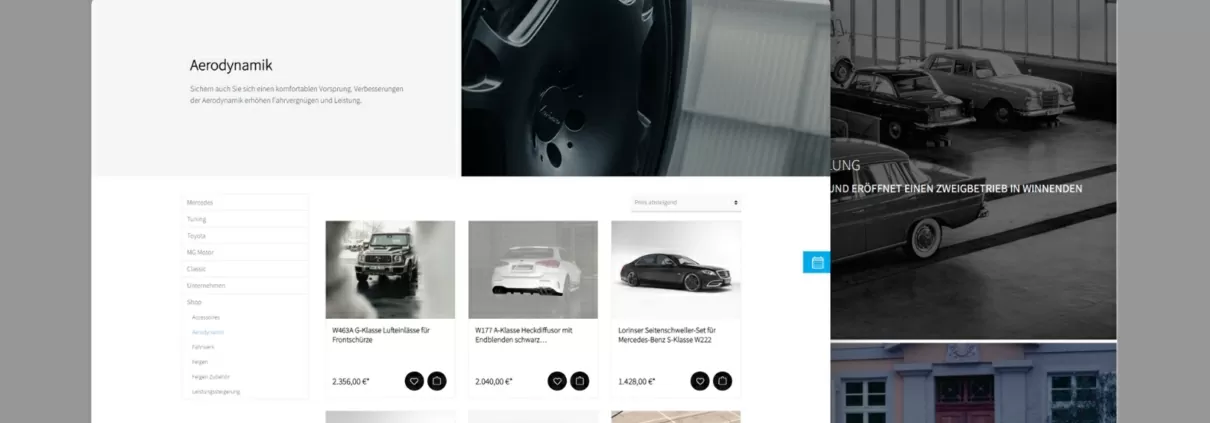 Voreinandergelegte Screenshots aus dem Lorinser Shop, es handelt sich um die Seite für Aerodynamik und die Seite über die Geschichte des Unternehmens