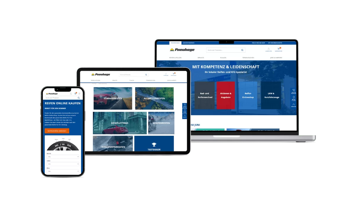 Pneuhage Produkte und Einkauf Referenz auf unterschiedlichen Geräten. Auf dem iPhone ist die Reifen online kaufen Seite zu sehen. Die verschiedenen Produkte auf dem iPad und auf dem MacBook die Startseite.