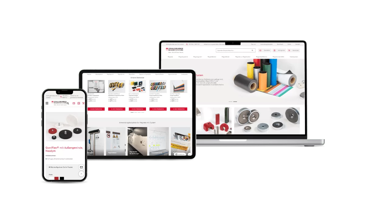 Schallenkammer mit der Startseite, den Bestsellern und der Produktdetailseite Darstellung der Webseite von Schallenkammer auf iPhone, iPad und Macbook. Zu sehen sind eine Produktdetailseite auf dem iPhone, die Bestseller Produkte auf dem iPad und die Startseite auf dem Macbook