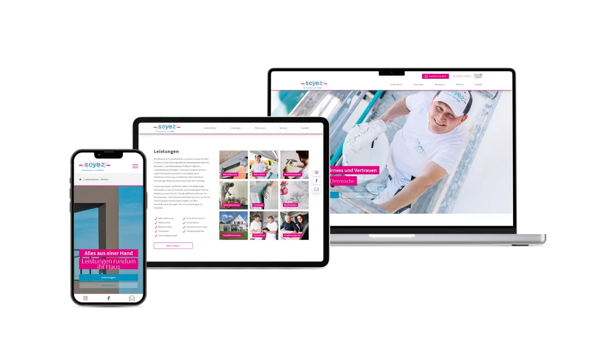 Soyez Startseite und Übersicht der Leistungen Darstellung auf unterschiedlichen Geräten der Webseite Soyez. Auf dem iPhone ist die Landingpage der Leistungenseite, den Überblick der Leistungen auf dem iPad und auf dem Macbook die Startseite