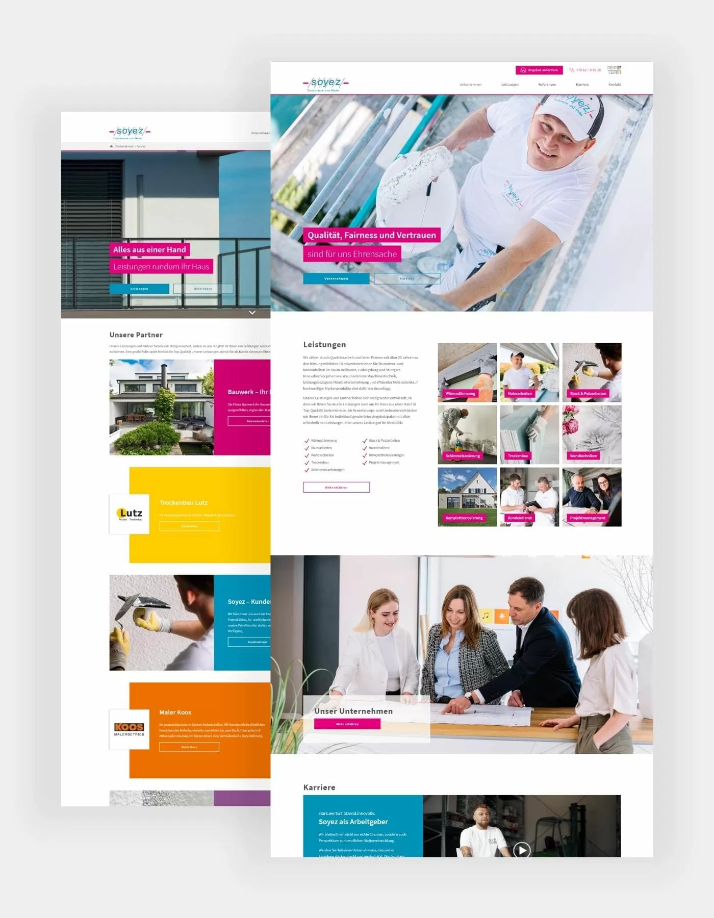 Hochkante Referenzen der Startseite und der Partner von Soyez Darstellung der Startseite mit den Leistungen, Unternehmen und Karrierebereich. Dahinter ein Screenshot der Partner von Soyez.