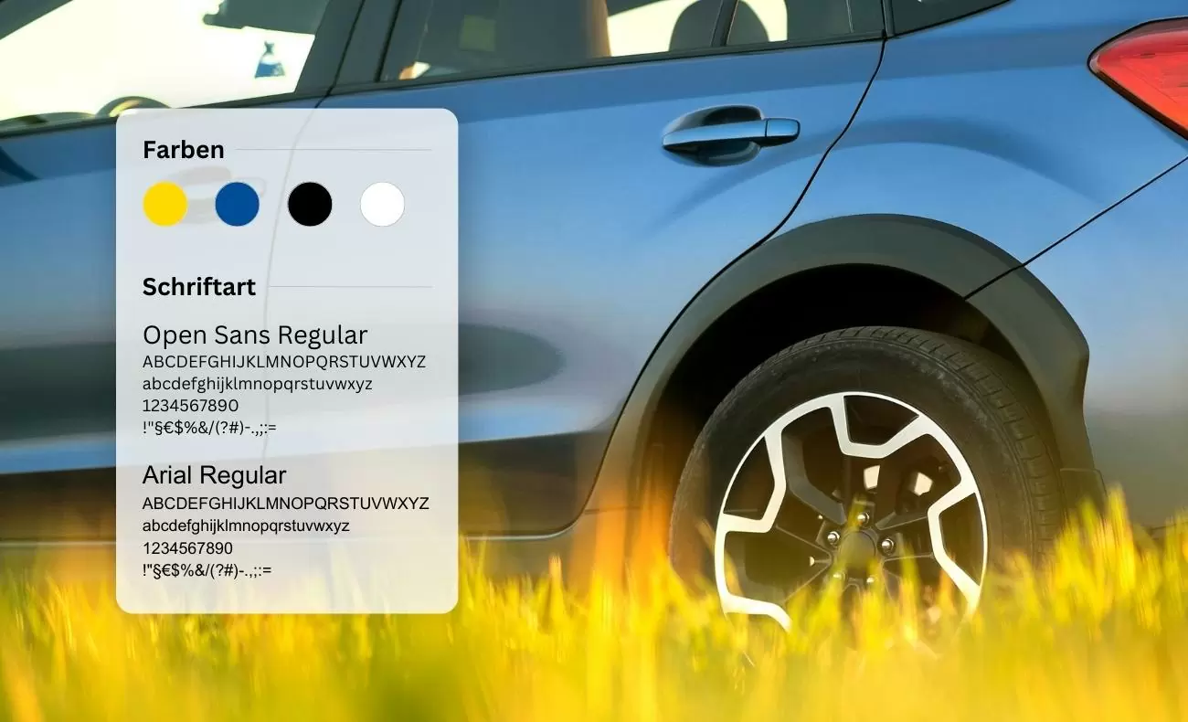 Pneuhage Styleguide Blaues Auto im Hintergrund mit einer halbtransparenten Kachel mit dem Styleguide der Webseite Pneuhage. Verwendete Farben sind Gelb, Blau, Schwarz und Weiß. Schriftarten die ihre Verwendung finden sind Open Sans und Arial.
