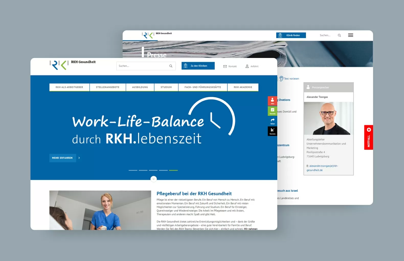 Teaser Referenz mit der Startseite und der Presseseite