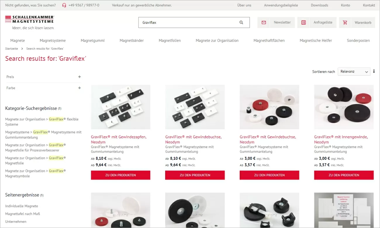 Schallenkammer Zielgenau zum Wunschprodukt Highlight der Suchfunktion im Schallenkammer Online-Shop