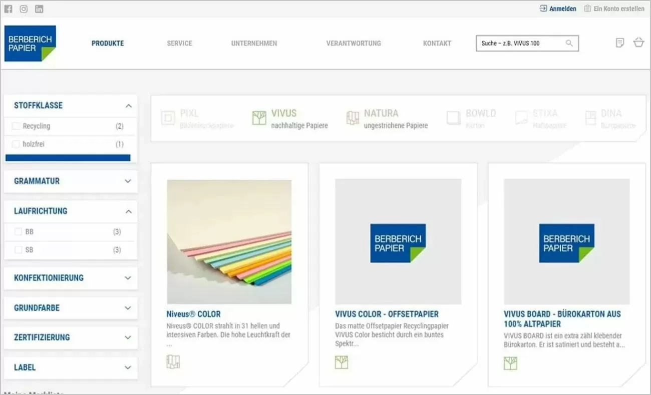 Das Produktlisting mit Filtermenü mit den Kategorien Stoffklasse, Grammatur, Laufrichtung, Konfektionierung, Grundfarbe, Zertifizierung und Label auf der linken Seite im Online-Shop Berberich Das Produktlisting mit Filtermenü mit den Kategorien Stoffklasse, Grammatur, Laufrichtung, Konfektionierung, Grundfarbe, Zertifizierung und Label auf der linken Seite im Online-Shop Berberich