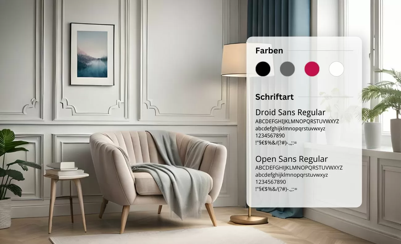 Lamisse Styleguide Styleguide von Lamisse. Verwendete Farben sind Schwarz, Grau, Rot und Weiß. Verwendete Schriftarten sind die Droid Sans und die Open Sans. Im Hintergrund ist ein Sessel mit Beistelltisch, Pflanzen und eine Stehlampe zusehen.