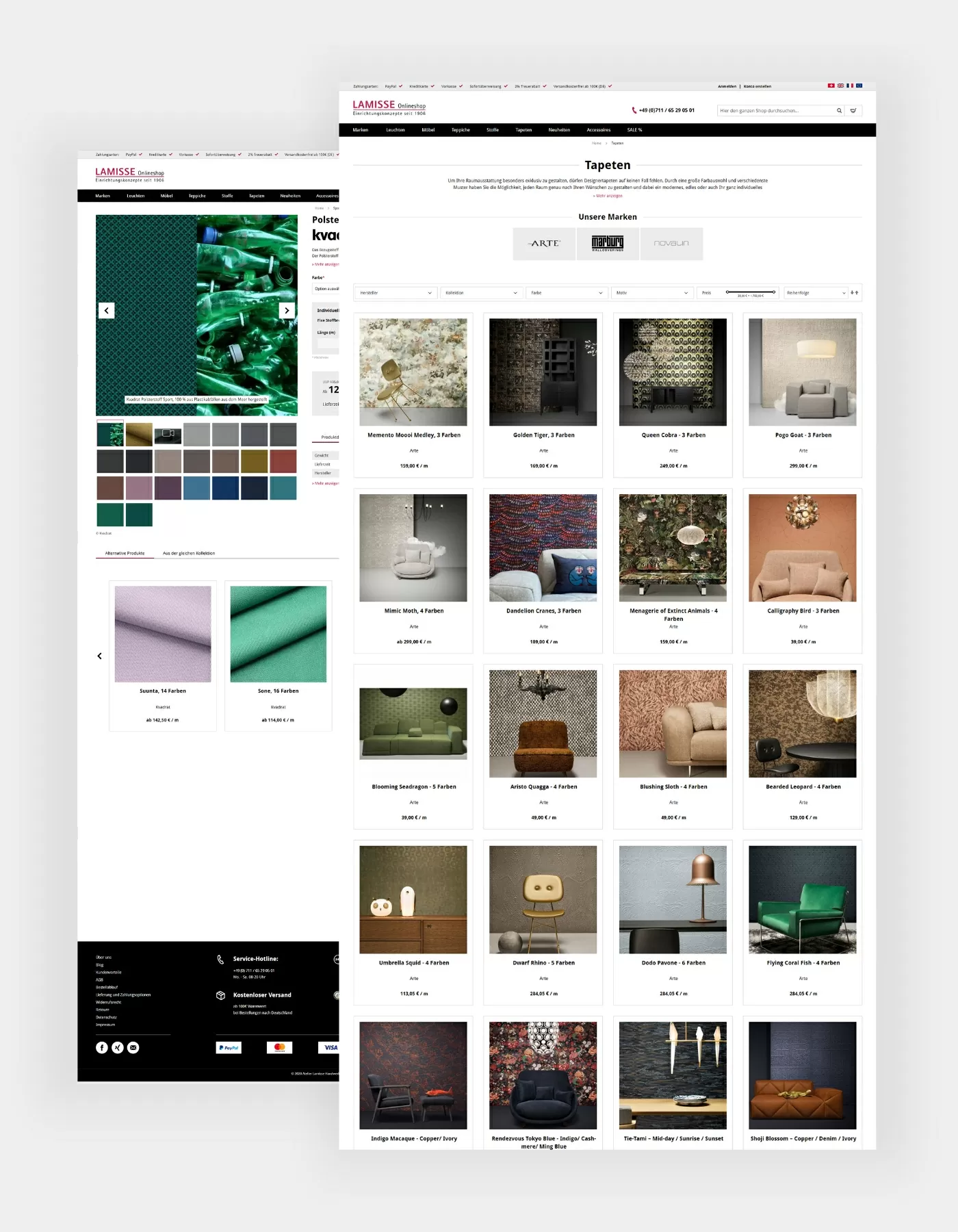 Lamisse Kategorieseite und Produktdetailseite Hochkante Referenz von der Produktdetailsseite und der Produktübersichtseite vom Lamisse Onlineshop