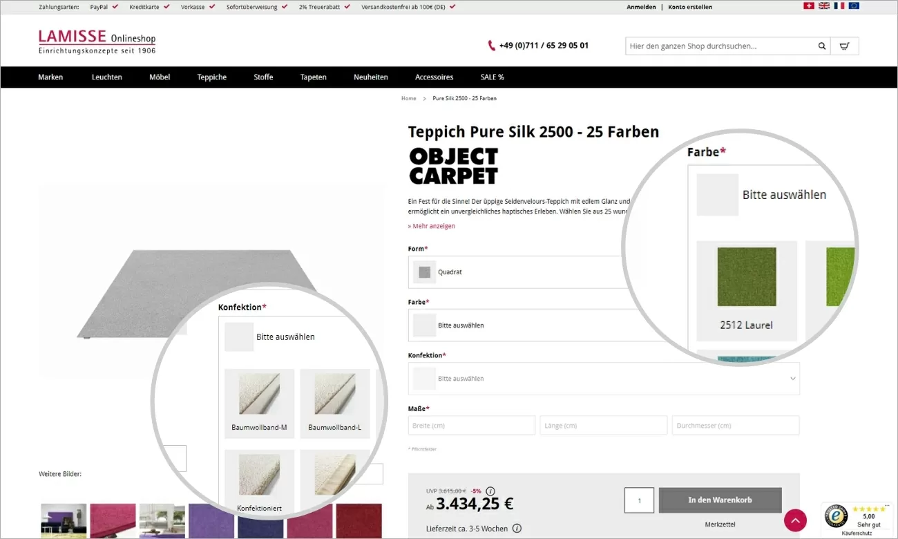 Lamisse Produktkonfigurator Highlight der Lamisse Produktdetailsseite. Konfigurierbare Produkte durch Form, Farbe, Konfektion und die Maße.